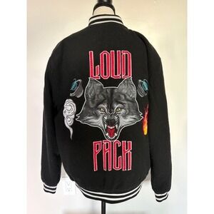 FBRK Mens Loud Pack Wolf Varsity Jacket Black Wool Blend Snap Front Bomber 2XL
